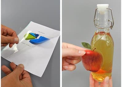 Bedruckte Folie für Projektor und Etikett an Apfelsaftflasche