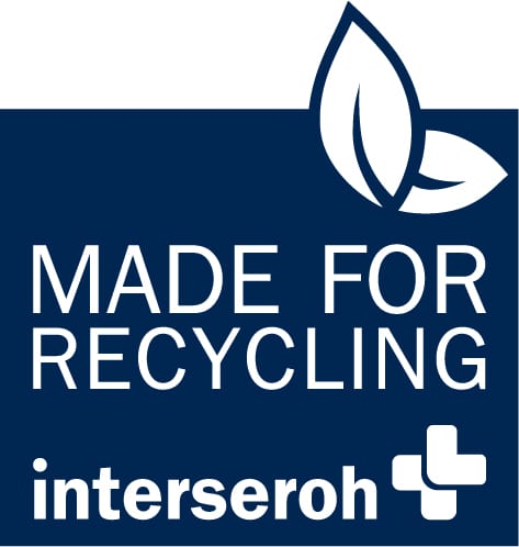 Blaues Siegel mit weißer Schrift interseroh Made for Recycling